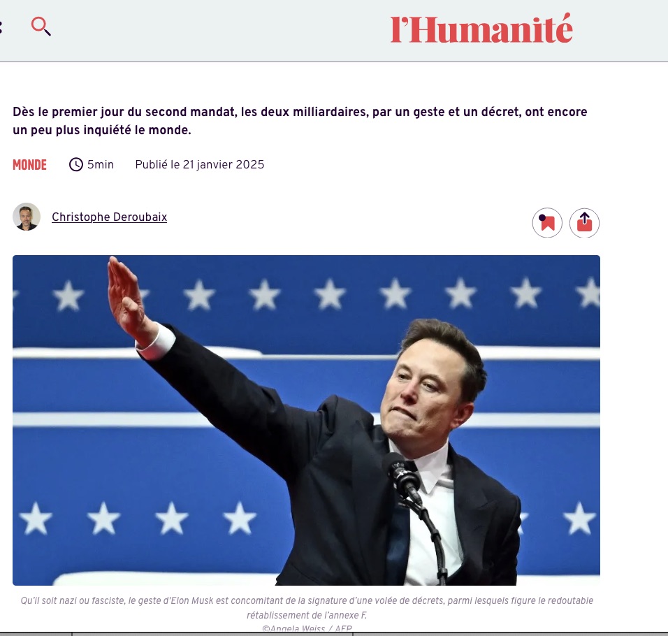 Elon Musk fait un salut hitlérien avec en fond une bannière étoilée.